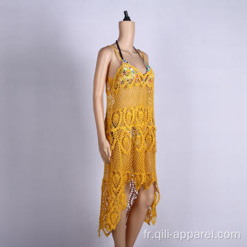 Robe de plage sans manches jaune enveloppe d&#39;été sexy beachwear